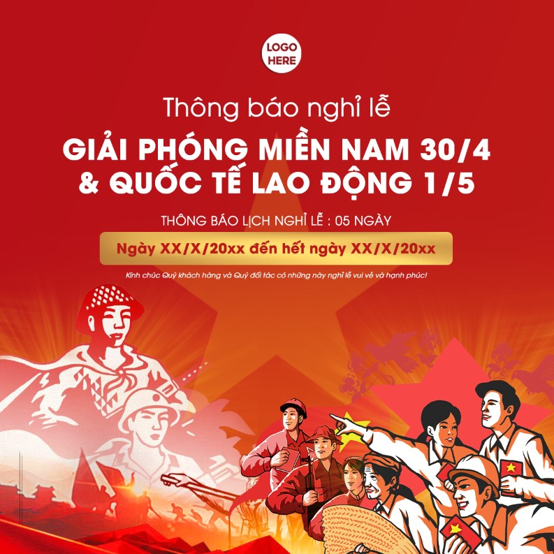 Holiday notice for April 30th and May 1st with a patriotic illustration banner poster social, poster thông báo lịch nghỉ lễ Ngày Thống nhất